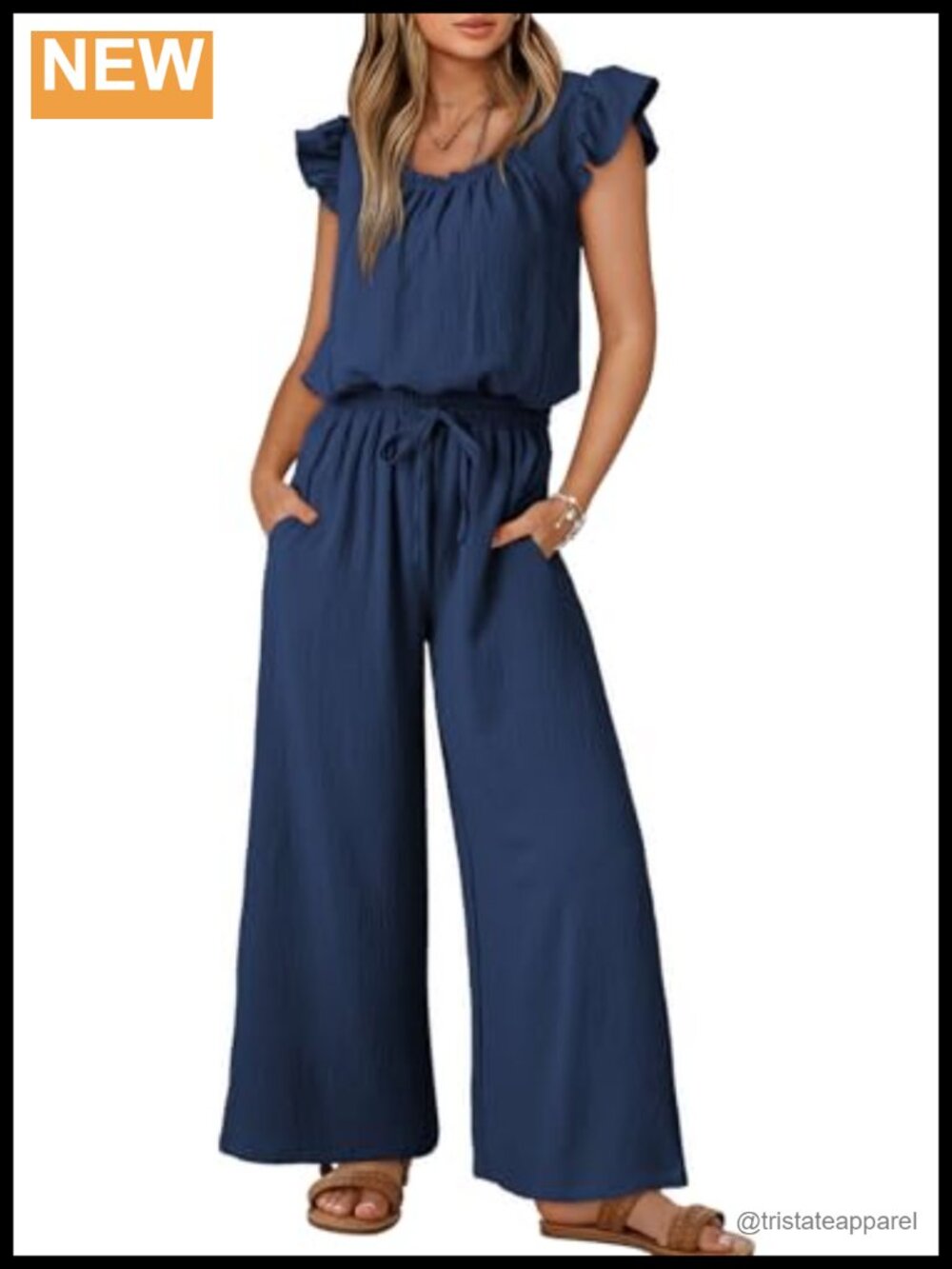 Dokotoo Women's Wide Leg Jumpsuit Ruffle Sleeve Drawstring Romper Pockets